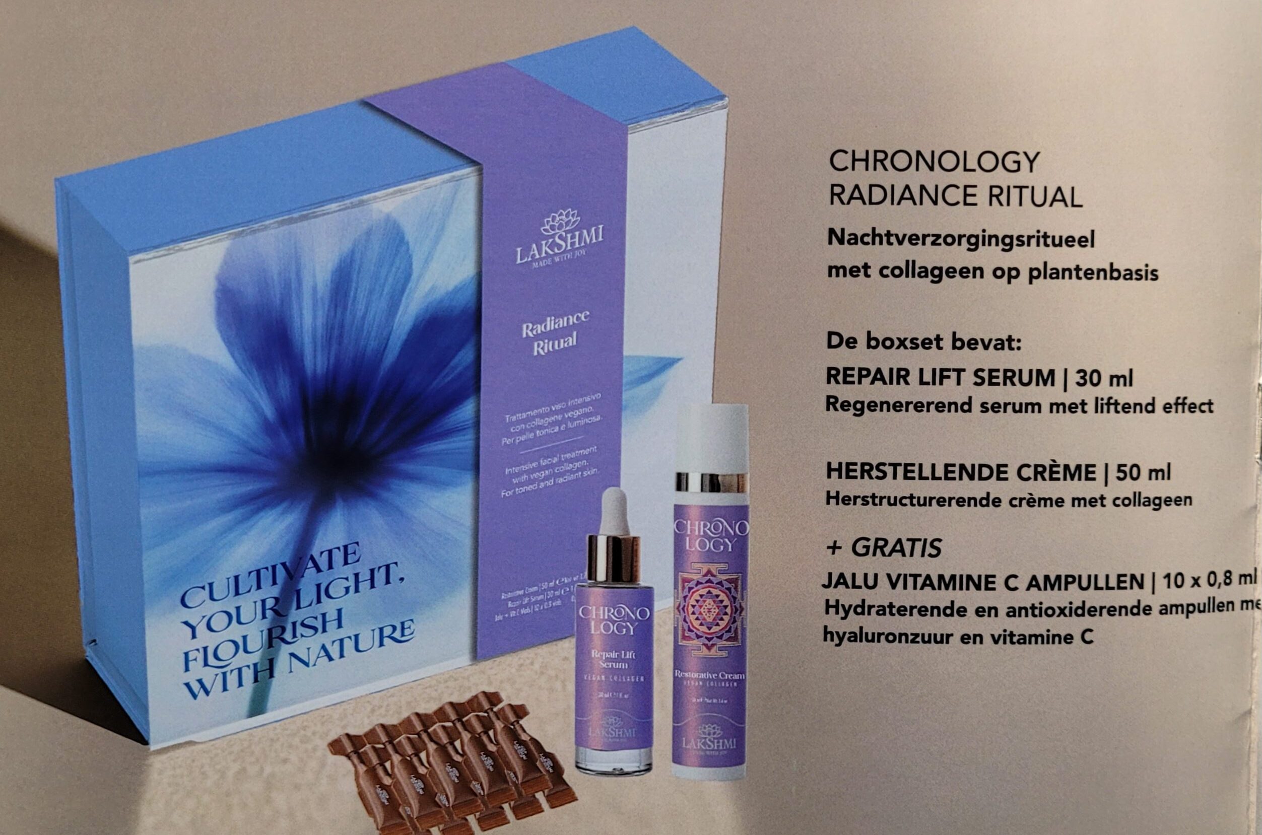 Cadeaubox: Everglow nachtverzorging collageen + gratis 10 ampullen